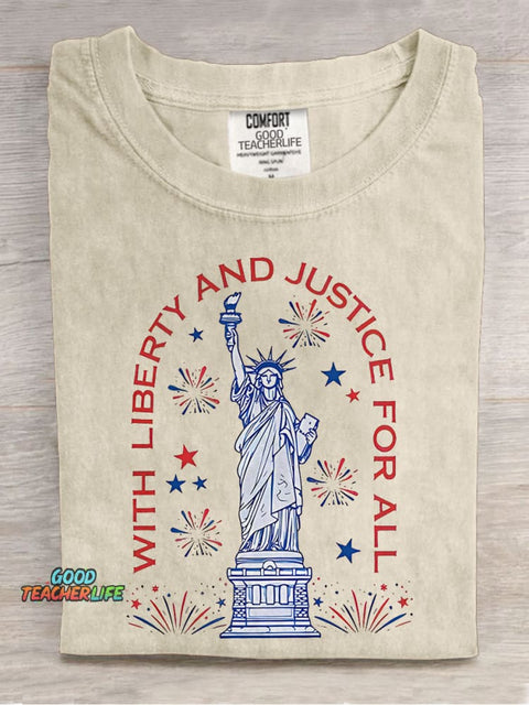 With Liberty And Justice For All Teacher Casual Print T-shirt