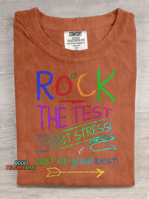 Funny Testing Teacher Rock The Test Casual Print T-shirt