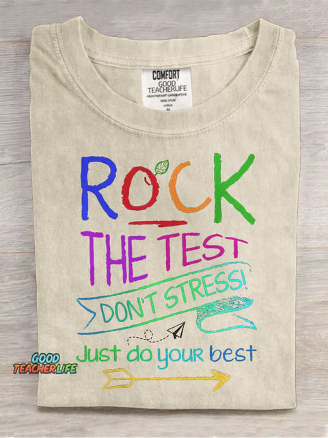 Funny Testing Teacher Rock The Test Casual Print T-shirt