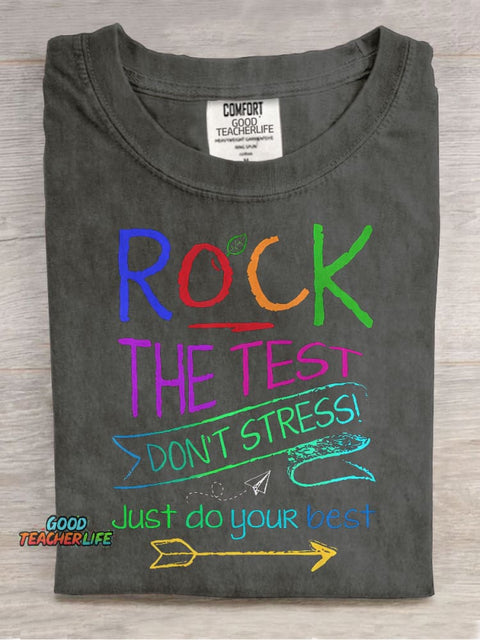 Funny Testing Teacher Rock The Test Casual Print T-shirt