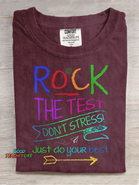 Funny Testing Teacher Rock The Test Casual Print T-shirt
