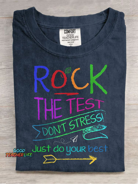 Funny Testing Teacher Rock The Test Casual Print T-shirt