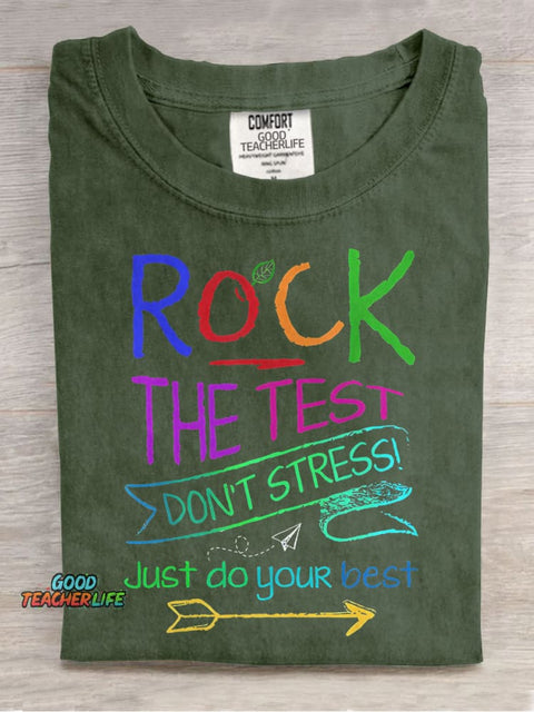 Funny Testing Teacher Rock The Test Casual Print T-shirt