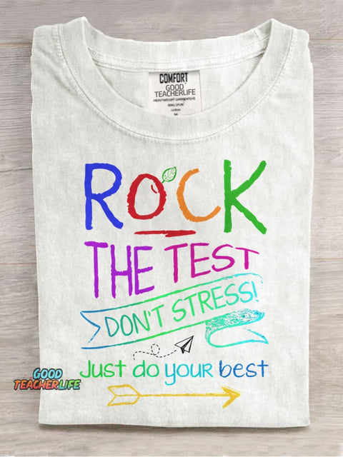 Funny Testing Teacher Rock The Test Casual Print T-shirt