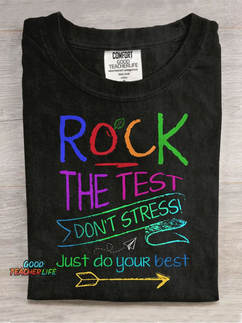 Funny Testing Teacher Rock The Test Casual Print T-shirt