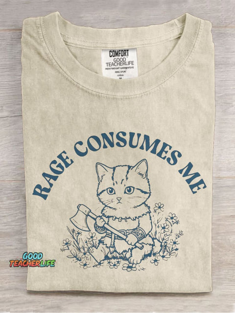 Rage Consumes Me Cat Casual Print T-shirt