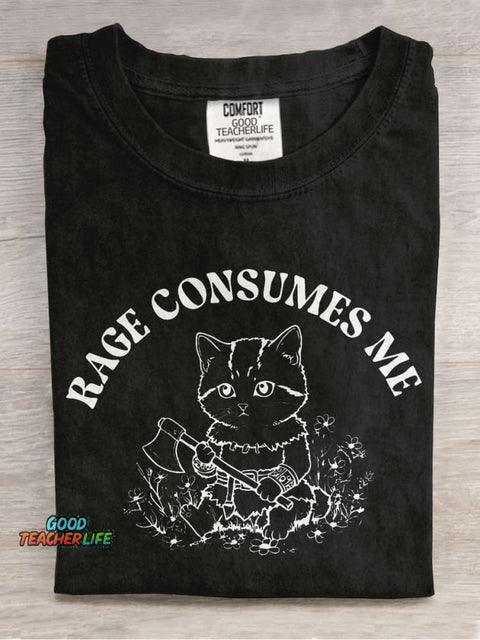 Rage Consumes Me Cat Casual Print T-shirt