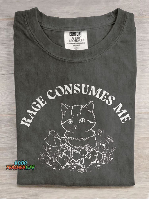 Rage Consumes Me Cat Casual Print T-shirt