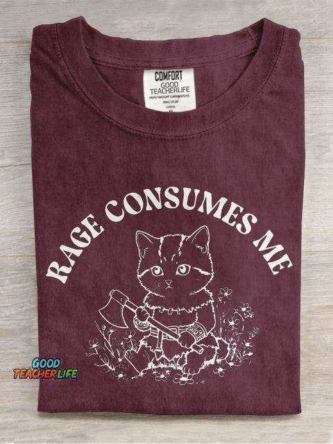 Rage Consumes Me Cat Casual Print T-shirt
