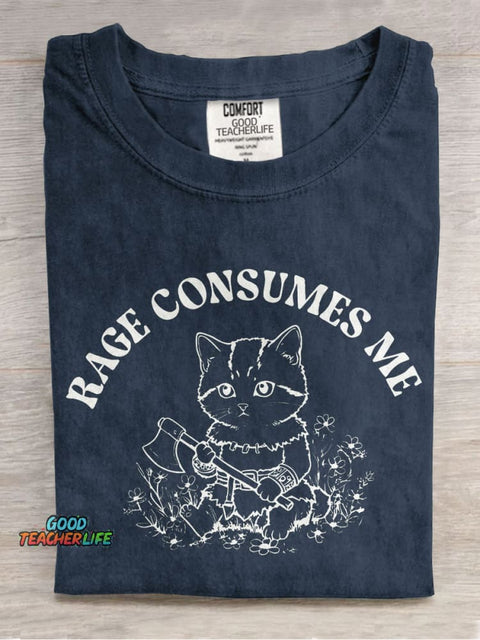 Rage Consumes Me Cat Casual Print T-shirt