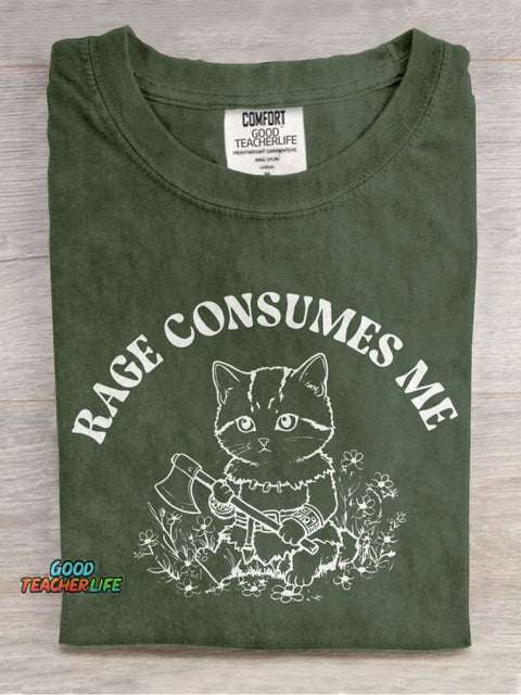 Rage Consumes Me Cat Casual Print T-shirt