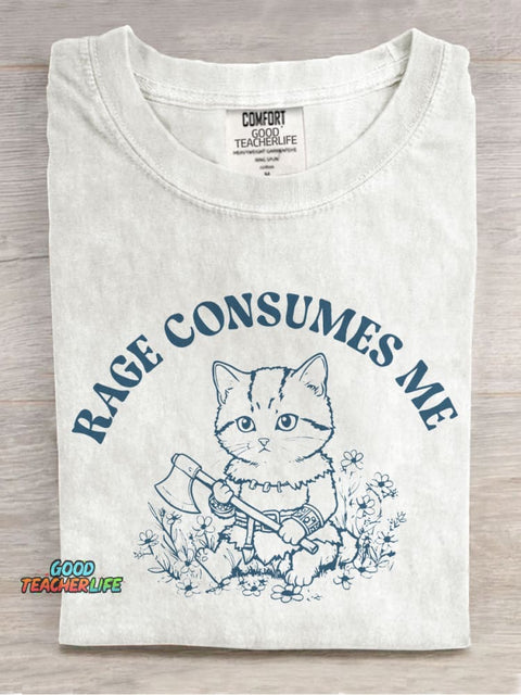 Rage Consumes Me Cat Casual Print T-shirt