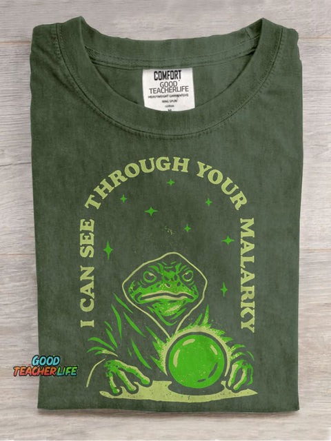 I Can See Through Your Malarky Frog Wizard Casual Print T-shirt