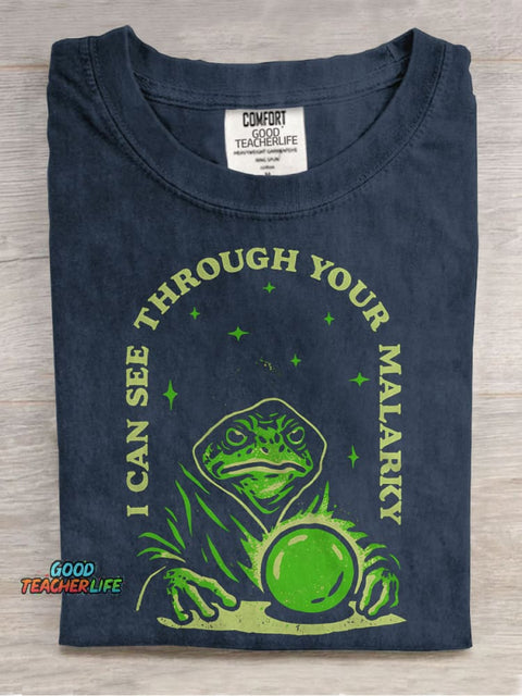 I Can See Through Your Malarky Frog Wizard Casual Print T-shirt