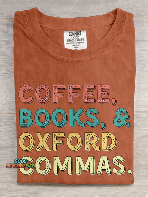 Coffee Books Oxford Commas Teacher Casual Print T-shirt