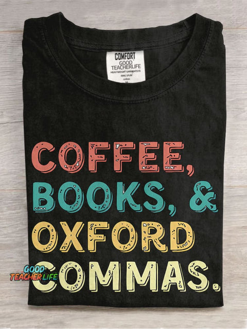 Coffee Books Oxford Commas Teacher Casual Print T-shirt