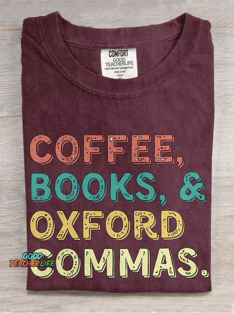 Coffee Books Oxford Commas Teacher Casual Print T-shirt