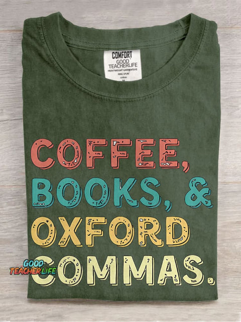 Coffee Books Oxford Commas Teacher Casual Print T-shirt
