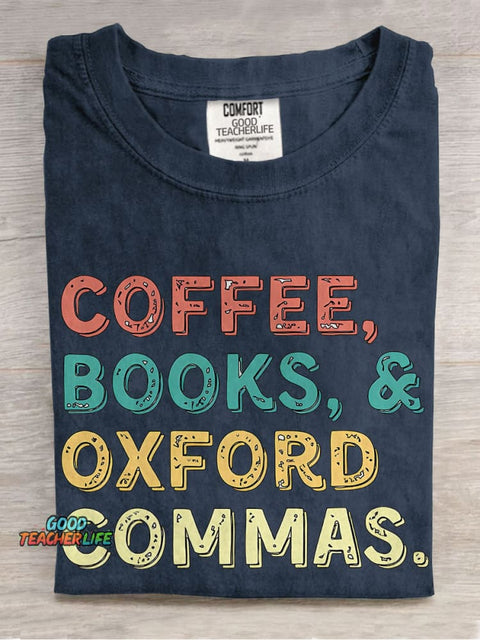 Coffee Books Oxford Commas Teacher Casual Print T-shirt
