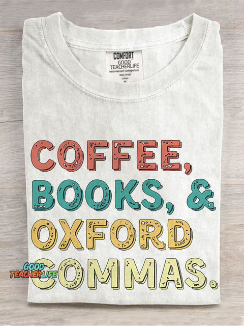 Coffee Books Oxford Commas Teacher Casual Print T-shirt