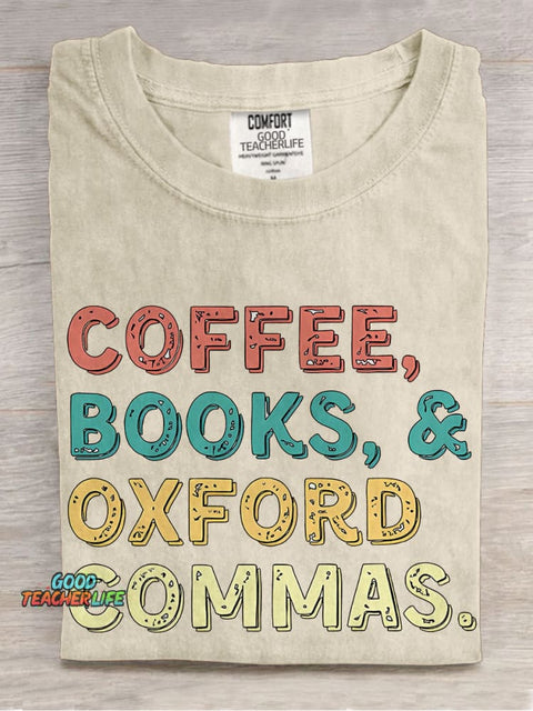 Coffee Books Oxford Commas Teacher Casual Print T-shirt