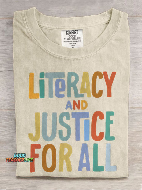 Literacy And Justice For All Teacher Casual Print T-shirt