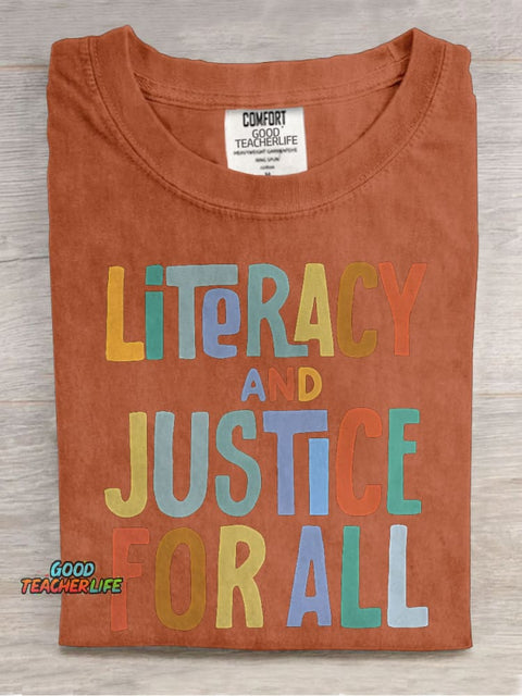 Literacy And Justice For All Teacher Casual Print T-shirt