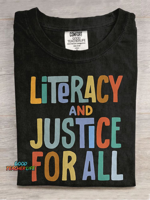 Literacy And Justice For All Teacher Casual Print T-shirt