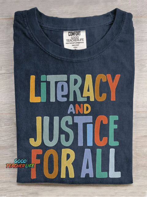 Literacy And Justice For All Teacher Casual Print T-shirt