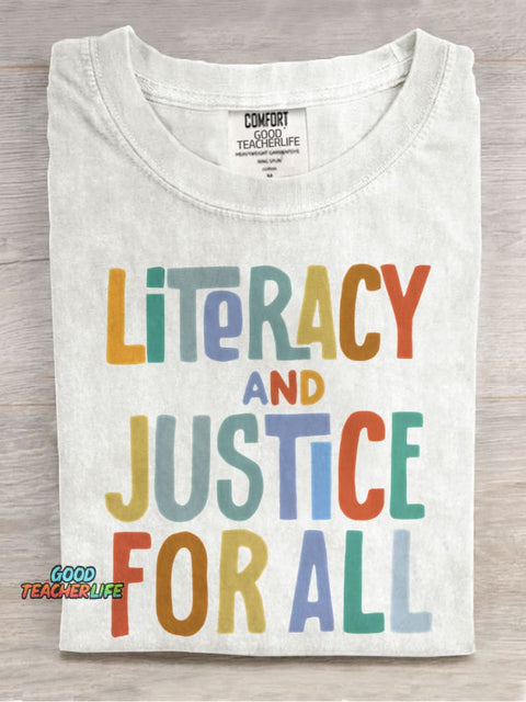 Literacy And Justice For All Teacher Casual Print T-shirt