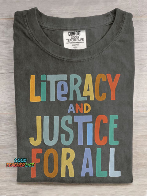 Literacy And Justice For All Teacher Casual Print T-shirt