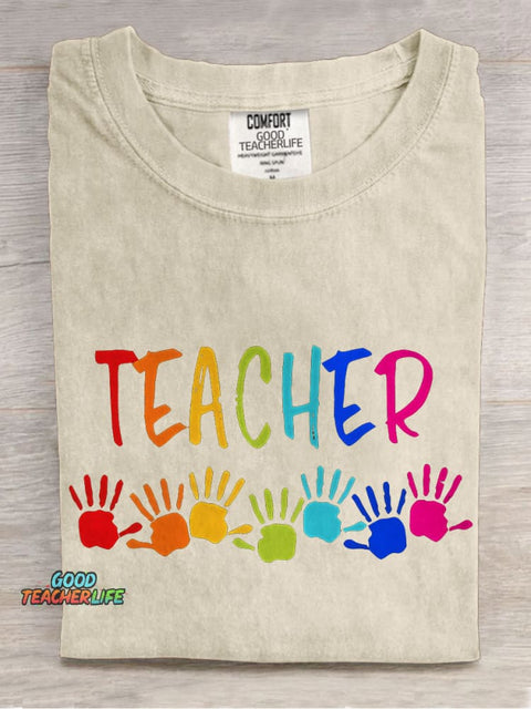 Teacher Colorful Hands Casual Print T-shirt