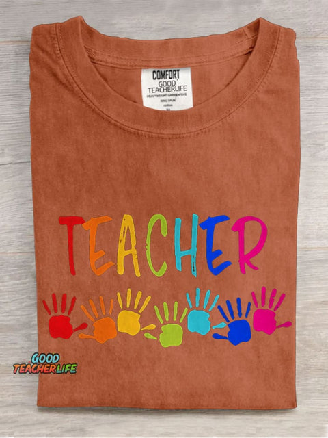 Teacher Colorful Hands Casual Print T-shirt