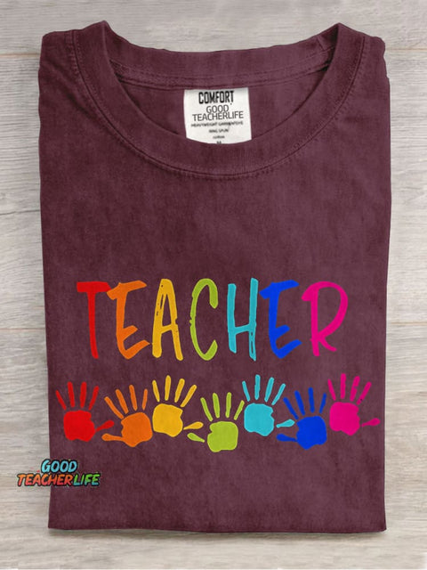 Teacher Colorful Hands Casual Print T-shirt