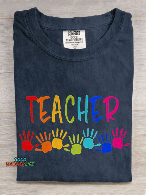 Teacher Colorful Hands Casual Print T-shirt