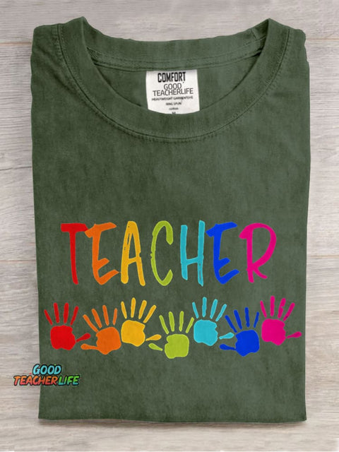 Teacher Colorful Hands Casual Print T-shirt