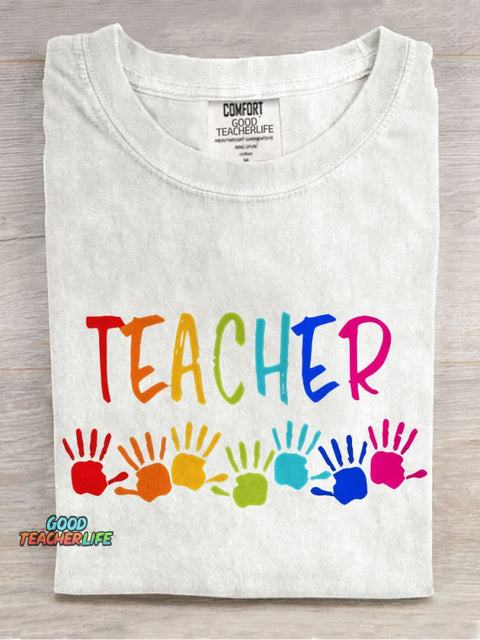 Teacher Colorful Hands Casual Print T-shirt
