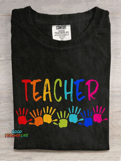 Teacher Colorful Hands Casual Print T-shirt