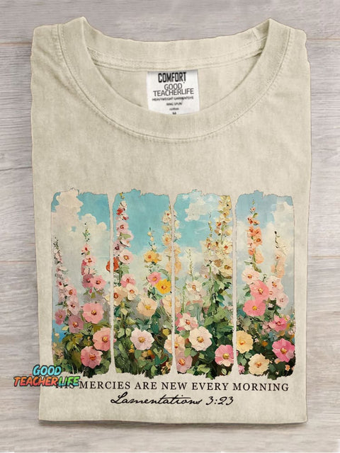 His Mercies Are New Every Morning Retro Flower Faith Based Casual Print T-shirt