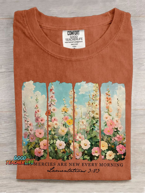 His Mercies Are New Every Morning Retro Flower Faith Based Casual Print T-shirt