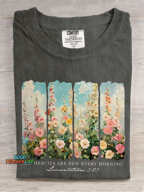 His Mercies Are New Every Morning Retro Flower Faith Based Casual Print T-shirt