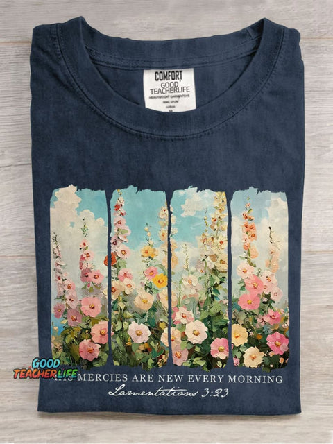His Mercies Are New Every Morning Retro Flower Faith Based Casual Print T-shirt