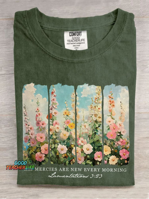 His Mercies Are New Every Morning Retro Flower Faith Based Casual Print T-shirt