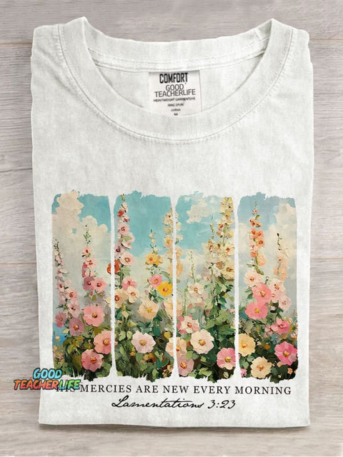 His Mercies Are New Every Morning Retro Flower Faith Based Casual Print T-shirt