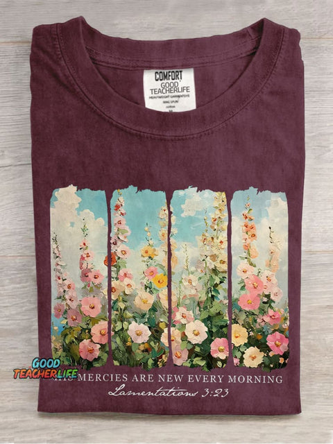 His Mercies Are New Every Morning Retro Flower Faith Based Casual Print T-shirt