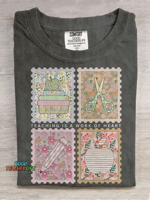 Teaching Is A Work of Heart Stamp Teacher Casual Print T-shirt