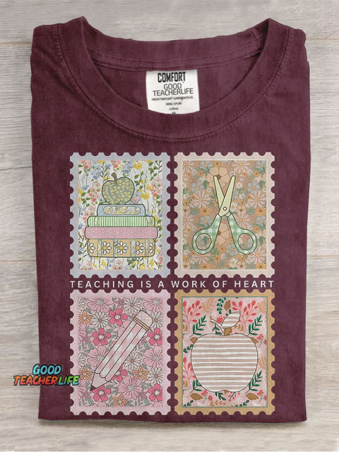 Teaching Is A Work of Heart Stamp Teacher Casual Print T-shirt