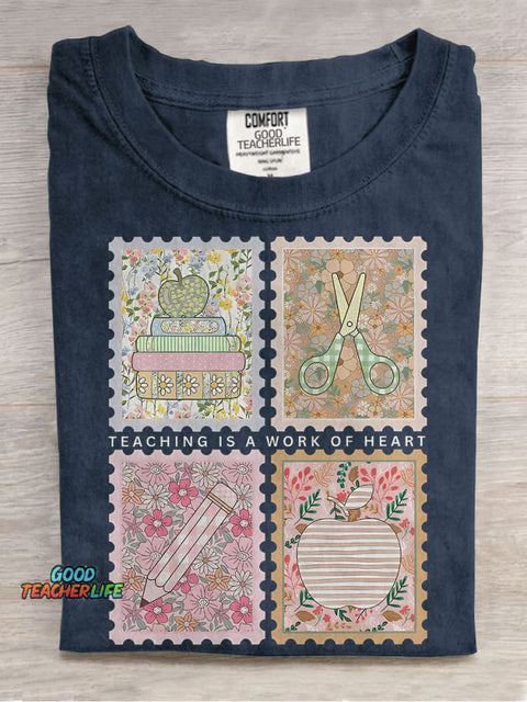 Teaching Is A Work of Heart Stamp Teacher Casual Print T-shirt