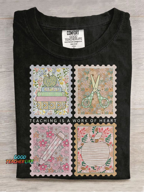 Teaching Is A Work of Heart Stamp Teacher Casual Print T-shirt