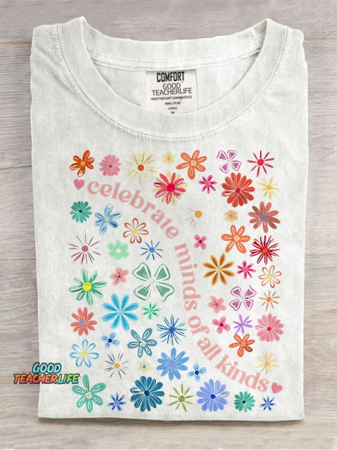 Celebrate Minds of All Kinds Autism Teacher Casual Print T-shirt
